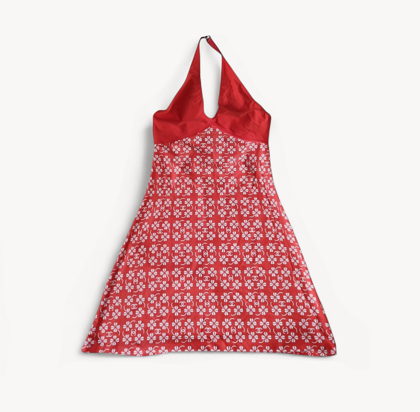 Chanel SS 2001 Floral CC Print Mini Halter Dress Open Back Red