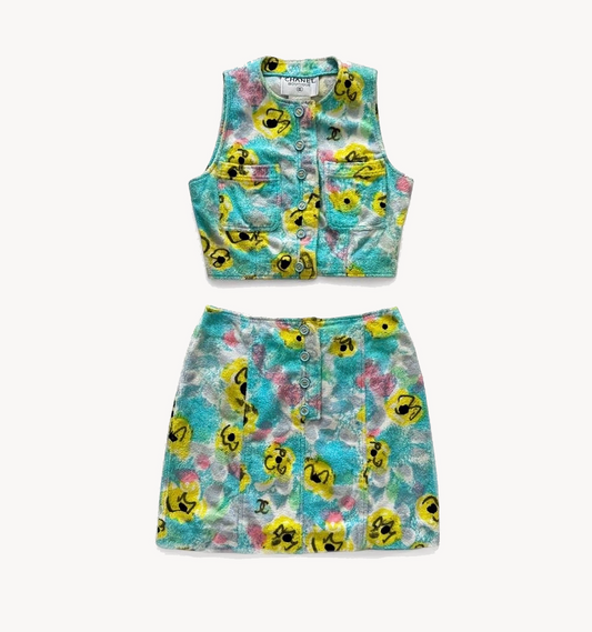 Chanel 1997 Runway Terrycloth Sleeveless Vest/Skirt Floral Set