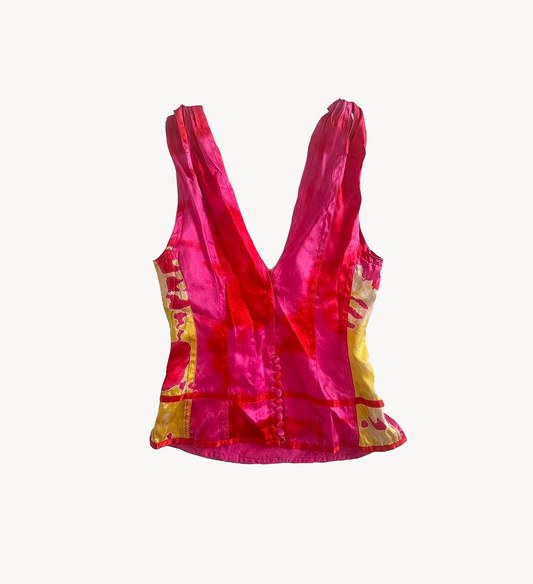 Christian Dior FW 2003 Hot Pink & Yellow Silk Corset Style Top