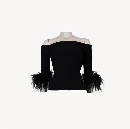 Saint Laurent Feather-Trim Off-Shoulder Knit Top