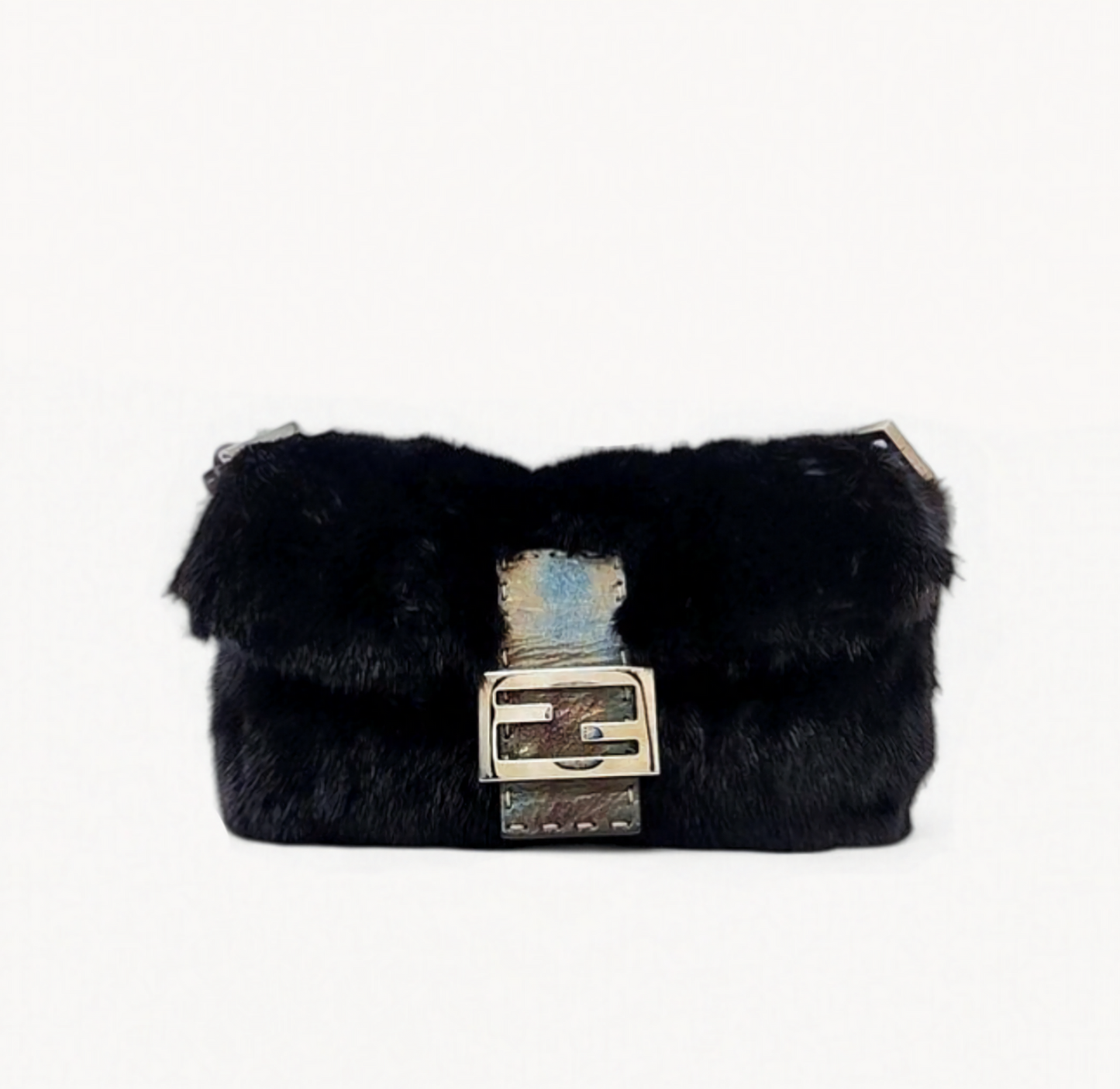 Fendi 2008 RARE Black Iridescent Mink Fur and Leather Selleria Baguette Bag