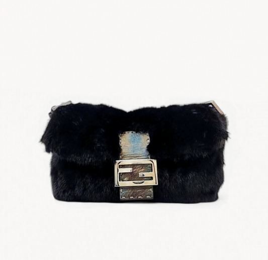 Fendi 2008 Black Iridescent Mink Fur and Leather Selleria Baguette Bag