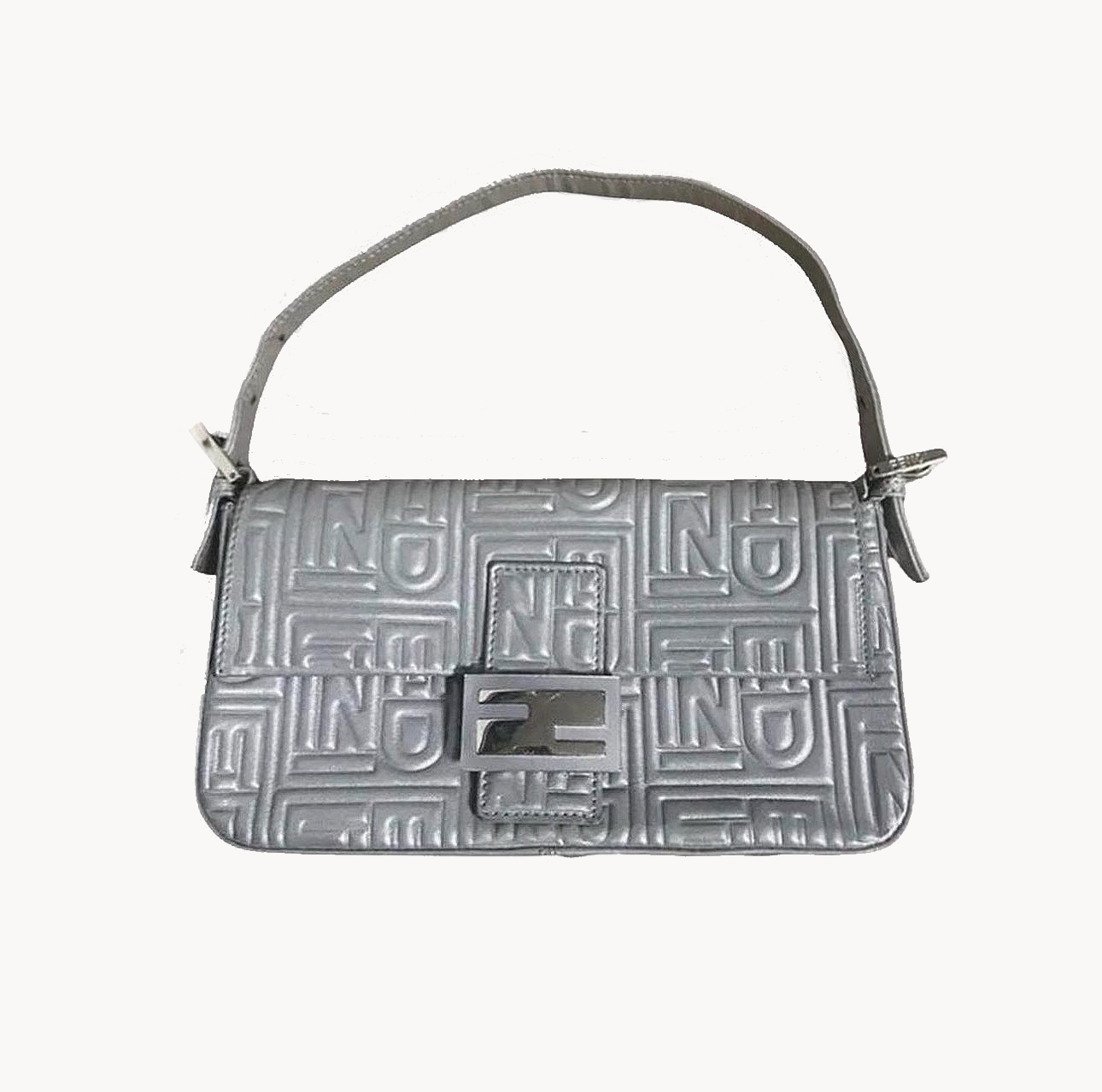 Fendi 1997 Re-edition Silver Nappa Leather Embossed Baguette Bag