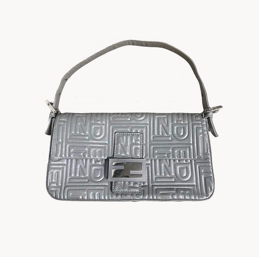 Fendi 1997 Re-edition Silver Nappa Leather Embossed Baguette Bag
