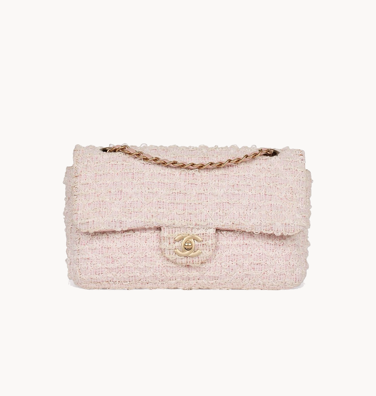 Chanel Medium Flap Bag Pink & White Tweed Brushed Gold Hardware