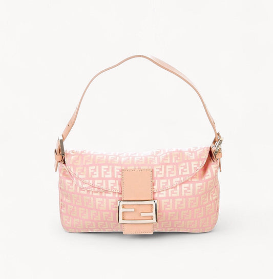 Fendi Pink Zucchino Double Flap Baguette in Pink and Tan