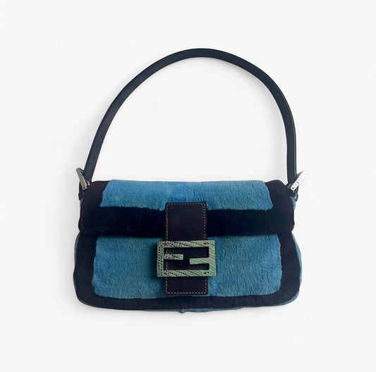 Fendi Rare Mink Fur Inlays Baguette Bag in Blue & Black