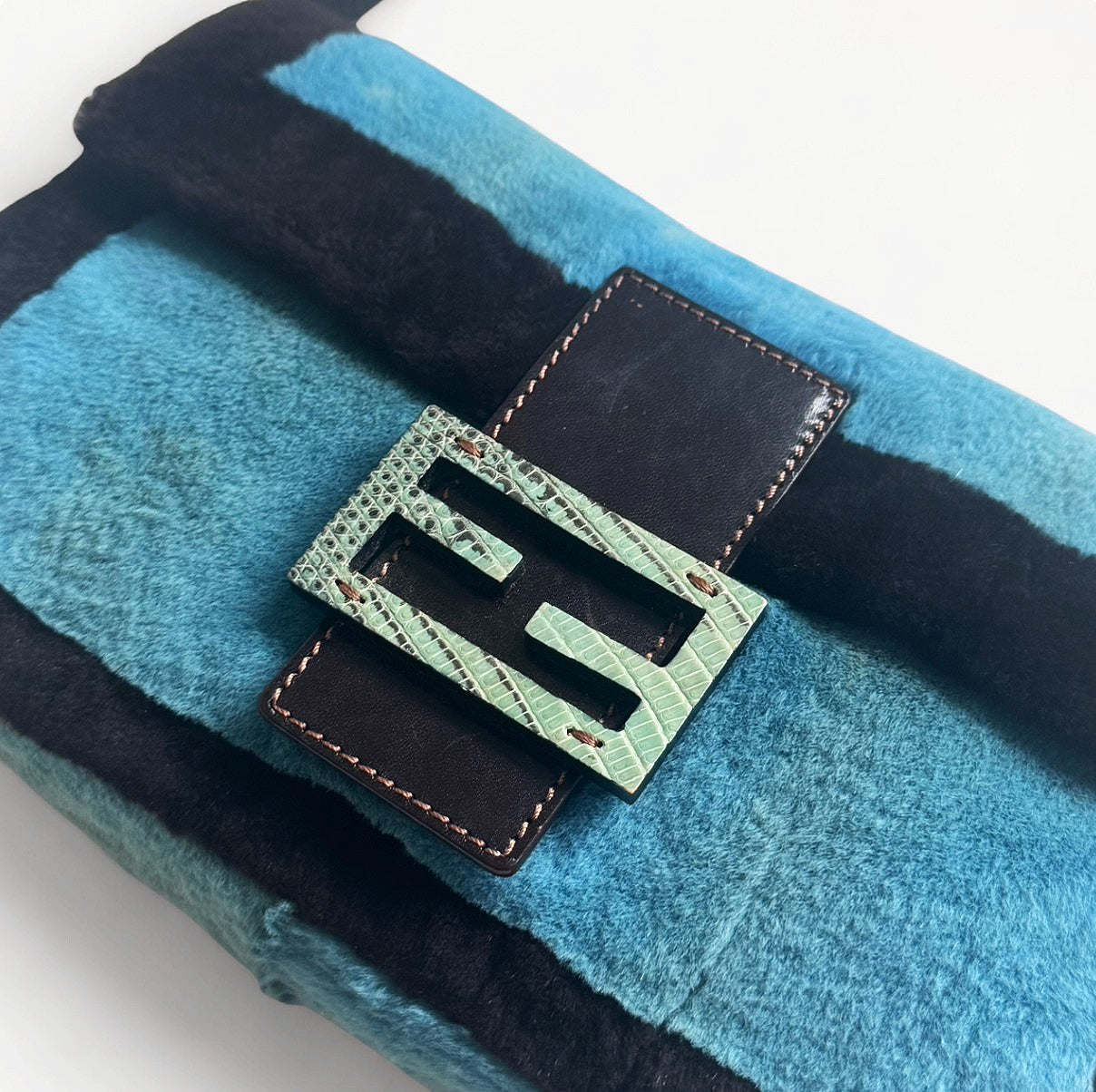 Fendi Rare Mink Fur Inlays Baguette Bag in Blue & Black