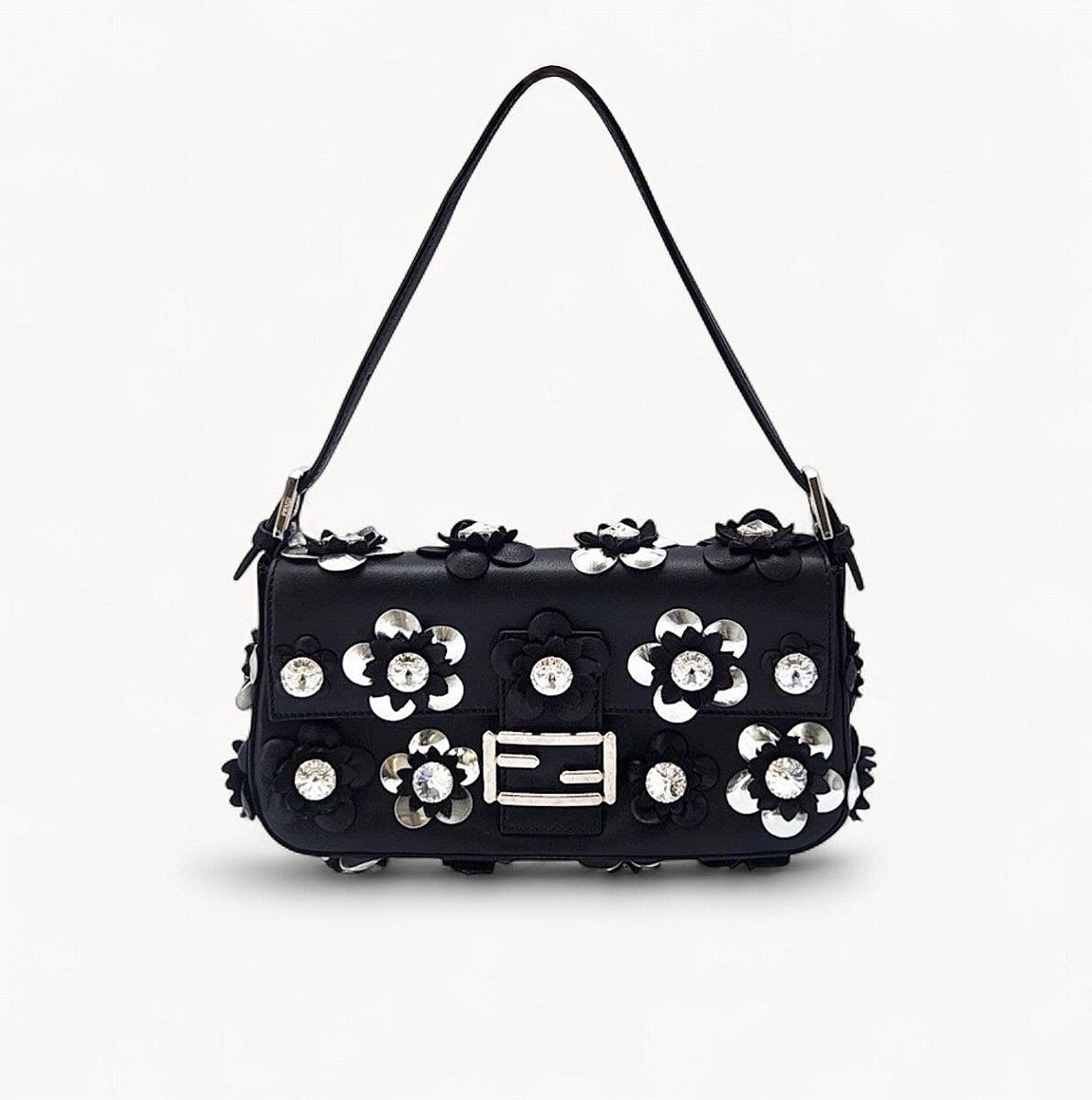 Fendi Rare Floral Embellished Baguette Bag In Black Leather