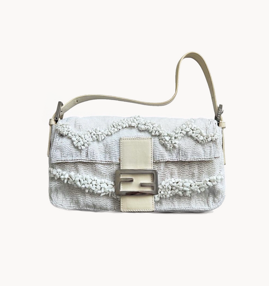 Fendi Limited Edition White Stone Beaded Baguette Bag Rare