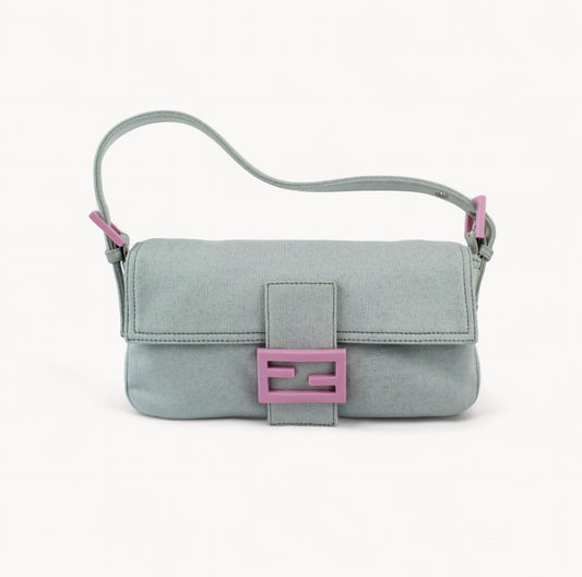 Fendi Pale Grey Cloth Baguette Bag & Pink Buckle/Pink Hardware