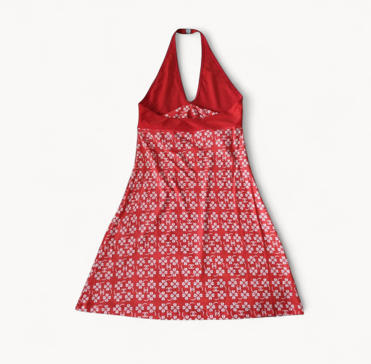 Chanel SS 2001 Floral CC Print Mini Halter Dress Open Back Red