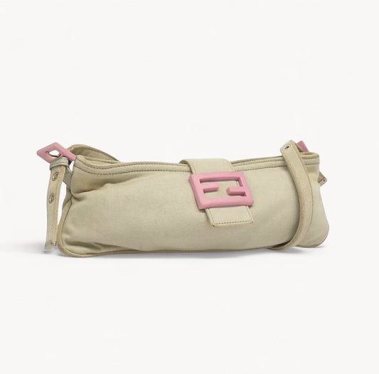 Fendi Mamma Baguette Shoulder Bag cotton Beige Pink